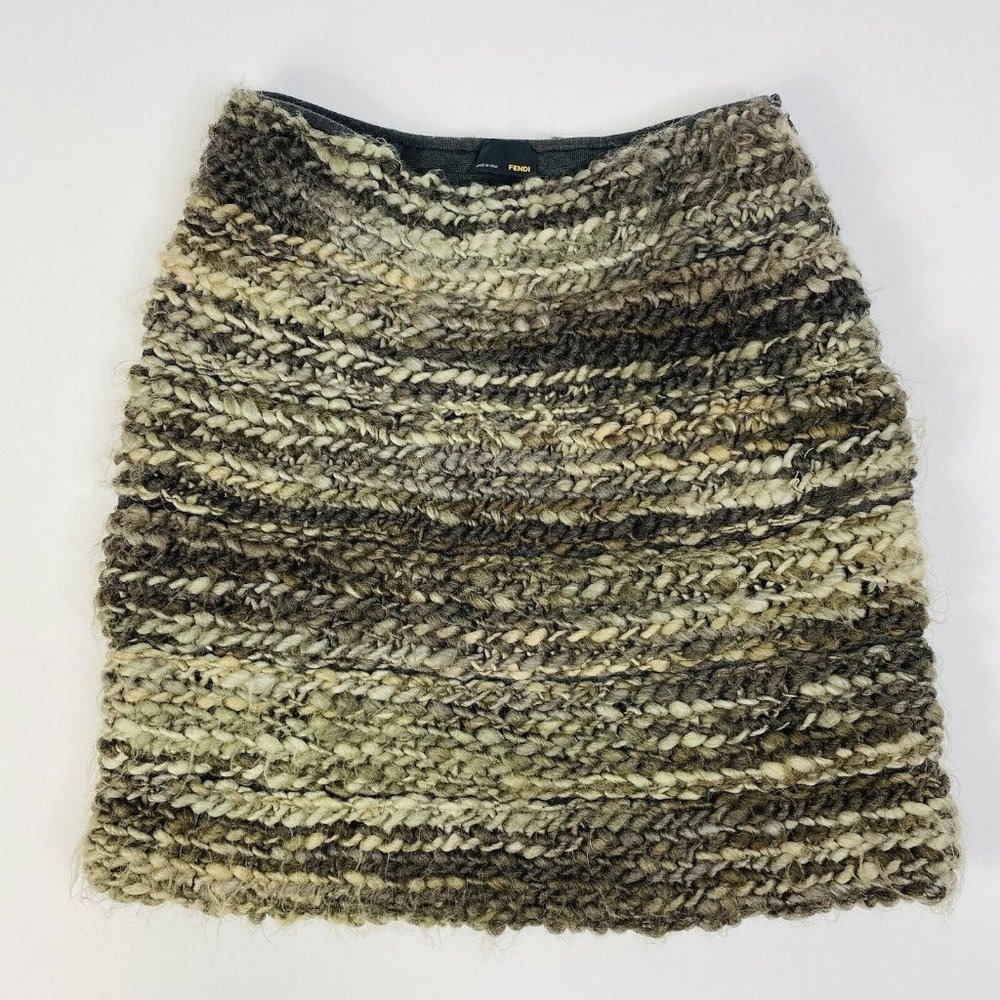 FENDI RARE‎ Womens Grey & Brown Braided Wool Knee Mini Skirt Size 42